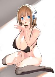 Rule 34 | 1girl, bare shoulders, bikini, black bikini, blue eyes, bottomless, breasts, brown hair, cleavage, commentary request, gen (black factory), halterneck, headphones, highres, huge breasts, medium hair, original, sitting, solo, swimsuit, thighhighs, tongue, tongue out, wariza