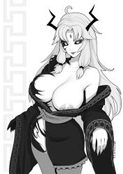 Rule 34 | 1girl, ahoge, artist name, black sclera, body markings, brassica, breasts, cleavage, collarbone, colored sclera, commission, facial mark, fingernails, forehead jewel, greyscale, horns, japanese clothes, kimono, large breasts, lips, long hair, monochrome, nipple slip, nipples, off shoulder, original, sharp fingernails, sidelocks, solo, thighhighs