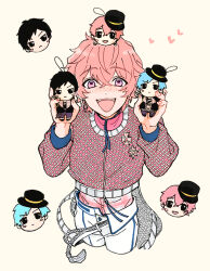 Rule 34 | 3boys, aizome kento, ashu yuuta, b-project, black eyes, black hair, blue hair, freckles, highres, holding, holding stuffed toy, kaneshiro goushi, long sleeves, looking at viewer, male focus, multiple boys, open mouth, p4cnoo, pink hair, short hair, sketch, stuffed toy, thrive (b-project), white background