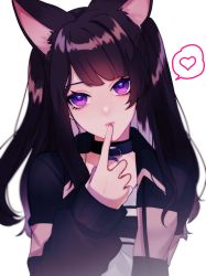 Rule 34 | 1girl, absurdres, animal ears, bad id, bad twitter id, black collar, black hair, black hoodie, cat ears, cat girl, collar, commentary, commission, english commentary, eyebrows hidden by hair, finger to mouth, grey shirt, head tilt, highres, hk45 x, hood, hoodie, indie virtual youtuber, long hair, multicolored clothes, multicolored hoodie, pink hoodie, portrait, purple eyes, second-party source, shimotsuki miri, shirt, skeb commission, solo, striped clothes, striped hoodie, two side up, virtual youtuber, white background