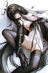 Rule 34 | 1girl, arknights, black eyes, black footwear, black gloves, black hair, black halo, black thighhighs, blush, breasts, detached wings, elbow gloves, energy wings, foot out of frame, gloves, hair censor, halo, high heels, highres, iumu, long hair, looking at viewer, lying, mole, mole under eye, navel, nipples, nude, on back, paid reward available, pale skin, simple background, small breasts, smile, solo, thighhighs, very long hair, virtuosa (arknights), white background, wings