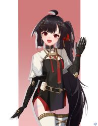 Rule 34 | 1girl, absurdly long hair, absurdres, ahoge, asymmetrical hair, black dress, black hair, brown eyes, chinese clothes, dress, highres, long hair, mechanical arms, mizu moku shio, necktie, open mouth, pulao: dragontoll (punishing: gray raven), pulao (punishing: gray raven), punishing: gray raven, red necktie, shirt, short sleeves, side ponytail, sidelocks, solo, thighhighs, very long hair, white shirt, white thighhighs