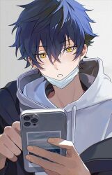 Rule 34 | 1boy, blue hair, blue jacket, ensemble stars!, hair between eyes, hands up, head tilt, holding, holding phone, hood, hoodie, jacket, looking at viewer, male focus, mask, mask pull, mouth mask, open clothes, open jacket, parted lips, phone, portrait, sarara rarara, sazanami jun, short hair, simple background, solo, teeth, white hoodie, white mask, yellow eyes