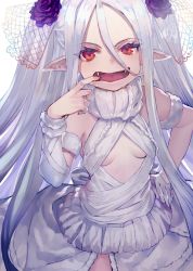Rule 34 | 1girl, :d, bare shoulders, breasts, dress, fangs, finger in own mouth, fingernails, flower, gloves, hair flower, hair ornament, half gloves, hand on own hip, highres, long fangs, long hair, looking at viewer, official art, open mouth, petite, pointy ears, purple flower, purple rose, red eyes, rose, sharp fingernails, shirabi, single glove, small breasts, smile, solo, tosho meikyuu, underboob, white dress, white hair