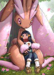 Rule 34 | 1girl, akari (pokemon), alternate color, alternate size, animal, animal ears, black hair, blue hair, brown footwear, closed mouth, commentary request, creatures (company), day, falling petals, flower, galaxy expedition team survey corps uniform, game freak, gen 4 pokemon, gen 5 pokemon, gonzarez, grass, hair ornament, hairclip, highres, long hair, lopunny, nintendo, oshawott, outdoors, oversized animal, petals, pink eyes, pink flower, pokemon, pokemon (creature), pokemon legends: arceus, rabbit, red scarf, revision, scarf, shiny pokemon, shoes, sitting, smile, wide hips