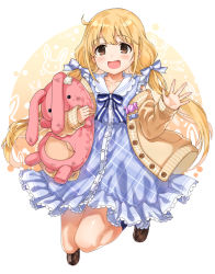 Rule 34 | 1girl, blonde hair, blue dress, blue ribbon, blush, brown eyes, collarbone, commentary, dress, futaba anzu, highres, holding, idolmaster, idolmaster cinderella girls, idolmaster cinderella girls starlight stage, long hair, long sleeves, looking at viewer, low twintails, ribbon, sirurabbit, smile, solo, stuffed animal, stuffed rabbit, stuffed toy, twintails