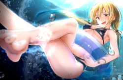 Rule 34 | 1girl, :d, ass, barefoot, bikini, black bikini, blonde hair, blue hair, blurry, breasts, depth of field, fang, feet out of frame, foreshortening, highres, long hair, looking at viewer, low twintails, medium breasts, multicolored hair, open mouth, original, pallad, red eyes, sideboob, smile, solo, streaked hair, swimsuit, twintails, underboob, underwater