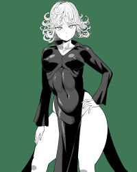 Rule 34 | 1girl, absurdres, amazon (taitaitaira), breasts, closed mouth, collarbone, commentary, contrapposto, covered erect nipples, covered navel, curly hair, dress, expressionless, feet out of frame, green background, greyscale with colored background, hand on own hip, highres, long sleeves, looking at viewer, medium breasts, no panties, one-punch man, pelvic curtain, ribs, short hair, side slit, simple background, solo, standing, tatsumaki, taut clothes, taut dress, thick thighs, thighs