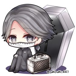 Rule 34 | 1boy, aesop carl, black footwear, chibi, coffin, colored shadow, commentary request, cross, full body, gloves, grey eyes, grey hair, grey jacket, grey pants, identity v, jacket, latin cross, long hair, long sleeves, looking at viewer, low ponytail, male focus, mask, mouth mask, pants, parted bangs, ponytail, shadow, shoes, sitting, solo, suitcase, surgical mask, symbol-shaped pupils, twitter username, white background, white gloves, yukiyuki 441