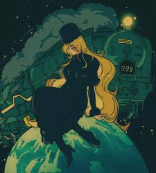 Rule 34 | black capelet, blonde hair, boots, capelet, commentary, earth (planet), english commentary, ginga tetsudou 999, hat, high heel boots, high heels, long coat, long hair, looking ahead, maetel, pikurusu, planet, profile, sitting, smoke, space, train