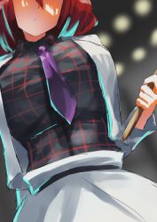 Rule 34 | 1girl, blurry, blurry background, blush, breast focus, breasts, head out of frame, highres, horikawa raiko, large breasts, necktie, red hair, solo, teruteru12, touhou, upper body