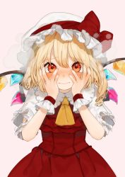 Rule 34 | 1girl, ascot, blonde hair, blush, bow, breath, commentary request, cowboy shot, crystal, flandre scarlet, gotou (nekocat), hair between eyes, hands on own cheeks, hands on own face, hat, hat bow, highres, long hair, looking at viewer, mob cap, one side up, peeking through fingers, pink background, puffy short sleeves, puffy sleeves, red bow, red eyes, red skirt, red vest, shirt, short sleeves, simple background, skirt, skirt set, solo, touhou, vest, white hat, white shirt, wings, wrist cuffs, yellow ascot