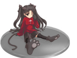Rule 34 | 00s, 1girl, arm support, black hair, black thighhighs, fate/stay night, fate (series), hair ribbon, long hair, no nose, one eye closed, ribbon, satomi (black scarecrow), sitting, solo, thighhighs, tohsaka rin, tongue, two side up, wink