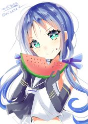 Rule 34 | 1girl, black gloves, black neckerchief, blue bow, blue eyes, blue hair, blush, bow, closed mouth, dress, eating, elbow gloves, food, food on face, fruit, gloves, hair bow, highres, hizaka, kantai collection, long hair, looking at viewer, neckerchief, one-hour drawing challenge, sailor collar, sailor dress, school uniform, simple background, smile, solo, suzukaze (kancolle), twintails, twitter username, watermelon, white background