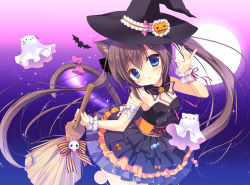 Rule 34 | 1girl, animal ears, bare shoulders, black hair, blue eyes, broom, candy, cat ears, cat tail, chestnut mouth, ghost, halloween, halloween costume, hat, holding, lollipop, looking at viewer, miyasaka miyu, original, parted lips, solo, tail, twintails, witch hat, wrist cuffs