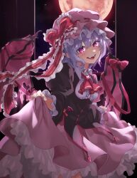 Rule 34 | 1girl, absurdres, ascot, bat wings, blue hair, bow, bowed wings, daiwa uho, frilled headwear, frilled ribbon, frilled sleeves, frills, full moon, hat, hat bow, highres, lifted by self, looking at viewer, mob cap, moon, night, night sky, open mouth, pink hat, red ascot, red moon, red ribbon, remilia scarlet, ribbon, sharp teeth, sky, smile, solo, teeth, touhou, wings