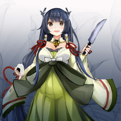 Rule 34 | 10s, 1girl, black hair, blush, bow, breasts, brown eyes, cowboy shot, detached sleeves, dress, gradient background, green dress, grey eyes, hair tubes, highres, holding, holding knife, irohara, kantai collection, knife, large bow, long hair, looking at viewer, mizuho (kancolle), open mouth, smile, solo, very long hair, yandere