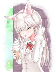 Rule 34 | 10s, 1girl, animal ear fluff, animal ears, arm up, bad id, bad pixiv id, blush, bow, bowtie, brick wall, brown eyes, closed mouth, collared shirt, food, fur-trimmed sleeves, fur trim, gloves, grey hair, hair over one eye, tucking hair, highres, holding, holding food, ice cream, ice cream cone, jacket, kemono friends, long hair, long sleeves, looking away, looking down, oinari-sama (kemono friends), pikunoma, red bow, red bowtie, shirt, soft serve, solo, standing, tongue, tongue out, upper body, very long hair, white gloves, white jacket, white shirt