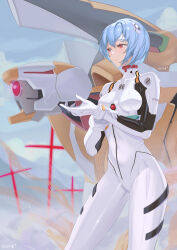 Rule 34 | 1girl, absurdres, artist name, ayanami rei, blue hair, bodysuit, breasts, cowboy shot, cross, eva 00, evangelion: 3.0+1.0 thrice upon a time, evangelion (mecha), franniexo, hand on own wrist, highres, interface headset, looking to the side, medium breasts, neon genesis evangelion, plugsuit, rebuild of evangelion, red eyes, short hair, solo, standing, white bodysuit