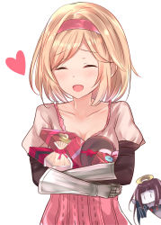Rule 34 | 2girls, :d, absurdres, black robe, blonde hair, blush, box, brown hair, brown shirt, character request, closed eyes, collarbone, commentary request, djeeta (granblue fantasy), facing viewer, gauntlets, gift, gift box, granblue fantasy, hairband, halo, highres, layered sleeves, long hair, long sleeves, multiple girls, natsu (sinker8c), hugging object, open mouth, pale skin, pink hairband, pink skirt, puffy short sleeves, puffy sleeves, robe, shirt, short over long sleeves, short sleeves, simple background, skirt, smile, solo focus, swept bangs, valentine, white background, wide sleeves