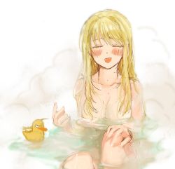 Rule 34 | 1girl, bathing, blonde hair, breasts, cleavage, collarbone, closed eyes, fullmetal alchemist, hand on own knee, hand out, long hair, medium breasts, nude, open mouth, partially submerged, rubber duck, solo, steam, tsukuda0310, tsurime, water, wet, wet hair, winry rockbell