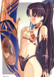 Rule 34 | 1girl, armlet, asymmetrical sleeves, bare shoulders, bikini, black bikini, black bow, black hair, blush, border, bow, breasts, bridal gauntlets, detached collar, detached sleeves, earrings, fate/grand order, fate (series), gradient background, grey background, hair bow, hand on own chest, heavenly boat maanna, highleg, highleg bikini, highres, hoop earrings, ishtar (fate), jewelry, long hair, looking at viewer, mismatched bikini, navel, neck ring, oz ma33, parted bangs, parted lips, red eyes, single detached sleeve, small breasts, solo, swimsuit, thighs, tiara, two side up, uneven sleeves, weapon, white bikini, white border