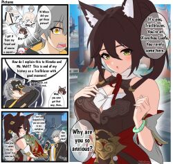 Rule 34 | 1boy, 1girl, animal ear fluff, animal ears, artist name, bare shoulders, black gloves, black jacket, blush, breasts, brown hair, caelus (honkai: star rail), closed eyes, comic, commentary, english commentary, english text, eyeshadow, fingerless gloves, fox ears, fox girl, gloves, green eyes, grey hair, hand fan, hand on own chest, highres, holding, holding fan, honkai: star rail, honkai (series), jacket, kulo jawa, large breasts, long hair, long sleeves, makeup, march 7th (honkai: star rail), muscular, muscular male, open clothes, open jacket, open mouth, photo (object), pink hair, ponytail, red eyeshadow, shirt, short hair, speech bubble, teeth, tingyun (honkai: star rail), topless male, trailblazer (honkai: star rail), white shirt, wide sleeves, yellow eyes