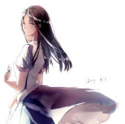 Rule 34 | 1girl, alice: madness returns, alice (alice in wonderland), american mcgee&#039;s alice, black hair, card, closed mouth, dress, green eyes, highres, holding, hug (yourhug), long hair, looking at viewer, puffy sleeves, short sleeves, simple background, smile, solo, white background