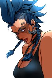 Rule 34 | 1girl, black choker, black tank top, blue hair, braid, breasts, brown lips, choker, cleavage, commentary, earrings, english commentary, eyebrow piercing, jewelry, junker queen (overwatch), large breasts, lip ring, mohawk, overwatch, overwatch 2, piercing, red eyes, side braids, solo, spikes, strstyler, studded choker, tank top, thick eyebrows, thick lips, twin braids, white background