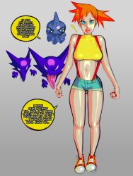 Rule 34 | 1girl, 3boys, absurdres, breasts, clothes, creatures (company), croquant, english text, game freak, gen 1 pokemon, gen 3 pokemon, grey background, group sex, haunter, highres, holding, holding poke ball, looking at viewer, medium breasts, misty (pokemon), multiple boys, nintendo, open mouth, orange hair, poke ball, pokemon, pokemon (anime), pokemon (classic anime), ponytail, shuppet, side ponytail, simple background, speech bubble, tongue, tongue out