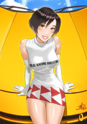 Rule 34 | 1girl, breasts, brown eyes, brown hair, car, clothes writing, dress, gloves, grin, head tilt, highres, looking at viewer, medium breasts, motor vehicle, nagase reiko, namco, on vehicle, polarityplus, race queen, reflection, ridge racer, short hair, signature, sitting, smile, solo, windshield