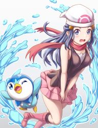 Rule 34 | 1girl, bare arms, beanie, blue eyes, blush, boots, commentary request, creatures (company), dawn (pokemon), eyelashes, game freak, gen 4 pokemon, hair ornament, hairclip, hat, highres, kneehighs, long hair, looking at viewer, nintendo, open mouth, pink footwear, pink skirt, piplup, pokemon, pokemon (creature), pokemon dppt, red scarf, scarf, shirt, sidelocks, skirt, sleeveless, sleeveless shirt, socks, tongue, tsukimi seiya, water, water drop, white headwear