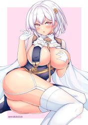 Rule 34 | 1girl, absurdres, ass, azur lane, blush, breast curtains, breasts, china dress, chinese clothes, dress, flower, garter straps, gloves, grabbing own breast, grey dress, hair flower, hair ornament, half gloves, highres, large breasts, looking at viewer, lying, neckwear between breasts, on side, open mouth, pelvic curtain, red eyes, revealing clothes, rikiddo (tise 00), short hair, simple background, sirius (azur lane), sirius (azure horizons) (azur lane), solo, thighhighs, thighs, twitter username, underboob, white gloves, white hair, white thighhighs