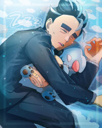 Rule 34 | 1boy, absurdres, bags under eyes, black hair, black pants, black suit, blue background, closed eyes, creatures (company), formal, game freak, gen 7 pokemon, grey hair, highres, hug, komala, larry (pokemon), male focus, multicolored hair, nintendo, open mouth, pants, pokemon, pokemon (creature), pokemon sv, streaked hair, suit, thick eyebrows, two-tone hair, yxjt4777, zzz