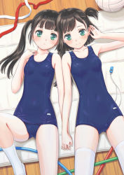 Rule 34 | 2girls, ball, blue one-piece swimsuit, breasts, covered navel, dktaka, holding hands, long hair, lying, mat, multiple girls, new school swimsuit, old school swimsuit, on back, one-piece swimsuit, one side up, original, school swimsuit, shoes, short hair, side ponytail, small breasts, socks, swimsuit, thighhighs, twintails, two side up, uwabaki, volleyball, volleyball (object), whistle, white legwear