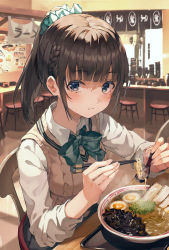 Rule 34 | 1girl, absurdres, banner, black skirt, blue eyes, bowl, braid, brown hair, brown sweater, chair, chinese spoon, chopsticks, collared shirt, commentary, counter, dress shirt, eating, egg, egg (food), food, green scrunchie, hair ornament, hair scrunchie, highres, holding, holding chopsticks, huwari (dnwls3010), indoors, long hair, long sleeves, looking at viewer, mixed-language commentary, noodles, original, ponytail, ramen, restaurant, school uniform, scrunchie, shirt, sidelocks, sitting, skirt, solo, spoon, stool, sweater, sweater vest, table, tray, uniform, white shirt