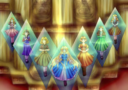 Rule 34 | 6+girls, blonde hair, blue dress, blue eyes, bound, breasts, brown dress, crystal, dress, green dress, jewelry, multiple girls, necklace, nintendo, pantyhose, pink dress, pointy ears, princess zelda, short hair, the legend of zelda, the legend of zelda: a link to the past, tower