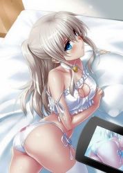 Rule 34 | 10s, 1girl, ass, bed, bell, blue eyes, camcorder, cat cutout, cat ear panties, cat lingerie, charlotte (anime), choker, cleavage cutout, clothing cutout, half updo, jingle bell, jpeg artifacts, long hair, lying, meme attire, neck bell, on side, panties, pillow, recording, side-tie panties, silver hair, solo, strap slip, thighhighs, tomori nao, twintails, two side up, underwear, video camera, zen