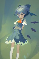 Rule 34 | 1girl, blue bow, blue eyes, blue hair, blue shirt, blue skirt, bow, chromatic aberration, cirno, collared shirt, commentary request, fairy wings, feet out of frame, green background, hair bow, highres, ice, ice wings, kerchief, no pupils, orange neckwear, pikumin, puffy short sleeves, puffy sleeves, shirt, short hair, short sleeves, skirt, skirt set, solo, standing, touhou, white shirt, wing collar, wings