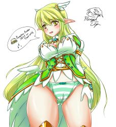 Rule 34 | 1girl, bad id, bad pixiv id, blush, breasts, cameltoe, corset, elbow gloves, elf, elsword, english text, engrish text, fluegel, from below, gameplay mechanics, gloves, grand archer (elsword), green eyes, green hair, hair ornament, highres, long hair, matching hair/eyes, medium breasts, navel, panties, pointy ears, ranguage, rena erindel, shy, solo, speech bubble, striped clothes, striped panties, transparent background, underwear, white background