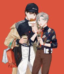 Rule 34 | 2boys, aqua eyes, bag, baozi, baseball cap, belt, belt pouch, black headwear, black shirt, blue shirt, brown coat, brown eyes, brown pants, coat, coffee cup, commentary request, cowboy shot, crepe, cup, disposable cup, eating, food, fruit, grey hair, hands up, hat, highres, holding, holding cup, holding food, holding spoon, long sleeves, looking at viewer, male focus, mege (megechan), multiple boys, necktie, off shoulder, open mouth, orange background, original, pants, pouch, red necktie, shirt, shopping bag, short hair, simple background, spoon, strawberry, teeth, upper teeth only, watch, white pants, wristwatch