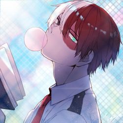 Rule 34 | 1boy, absurdres, boku no hero academia, book, brown eyes, blowing bubbles, burn scar, chain-link fence, chewing gum, collared shirt, fence, from side, green eyes, head tilt, heterochromia, highres, holding, holding book, looking at viewer, looking to the side, male focus, multicolored hair, necktie, open book, red hair, red necktie, scar, shirt, short hair, sky, solo, sylvia (huajiuhuajiu), todoroki shouto, two-tone hair, upper body, white hair, white shirt