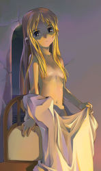 Rule 34 | 1girl, bed sheet, blonde hair, blue eyes, censored, chair, convenient censoring, covering privates, flat chest, groin, hair censor, hair over breasts, hip bones, long hair, naked sheet, navel, nude, nude cover, satou toshiyuki, shade, solo