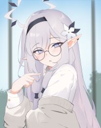 Rule 34 | 1girl, :o, absurdres, bespectacled, blue archive, blurry, blurry background, blush, flower, genso (thereisnosauce), glasses, hair flower, hair ornament, halo, highres, himari (blue archive), light purple hair, looking at viewer, looking to the side, mole, mole under eye, pointy ears, round eyewear, shirt, sidelocks, solo, upper body, white shirt