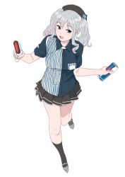 Rule 34 | 1girl, bad id, bad twitter id, barcode scanner, beret, black skirt, black socks, blouse, blue eyes, blue shirt, can, employee uniform, full body, hat, kantai collection, kashima (kancolle), lawson, leaning forward, looking at viewer, ojipon, open mouth, pleated skirt, red bull, shirt, sidelocks, silver hair, simple background, skirt, socks, solo, striped clothes, striped shirt, twintails, uniform, vertical-striped clothes, vertical-striped shirt, wavy hair, white background