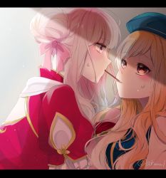 Rule 34 | 2girls, blonde hair, bow, chinese clothes, commentary request, double bun, eye contact, food, hair bow, hair bun, hat, himehina channel, letterboxed, long hair, looking at another, mouth hold, multicolored hair, multiple girls, pink hair, pocky, pocky day, pocky kiss, purple eyes, roku (ciel-kuromu), shared food, short sleeves, sidelocks, suzuki hina, sweat, tanaka hime, twitter username, virtual youtuber, yuri