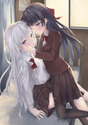 Rule 34 | 2girls, :o, bed, black hair, black legwear, blue eyes, blush, bow, breasts, closed mouth, grey eyes, hair bow, hands up, highres, holding, long hair, long sleeves, looking at another, looking at viewer, multiple girls, on bed, open mouth, original, parufeito, red bow, school uniform, sidelocks, skirt, small breasts, smile, white hair, yuri