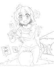 Rule 34 | 1girl, ahoge, barefoot, between legs, blush, bow, bow panties, cameltoe, close-up, collarbone, controller, feet, female focus, game controller, greyscale, halo, hands up, have to pee, highres, jpeg artifacts, kneeling, long sleeves, looking at viewer, monochrome, multiple views, navel, nintendo, open mouth, original, pajamas, panties, pants, peeing, peeing self, pillow, shirt, short hair, simple background, speech bubble, splatoon (series), sweat, tatsuya (maboroshi), tears, text focus, translation request, trembling, underwear, wet, wet clothes, wet panties, white background