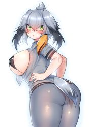 Rule 34 | 10s, 1girl, areola slip, ass, bikini, bikini top only, bird tail, black hair, breasts, green eyes, kemono friends, large breasts, looking at viewer, looking back, open clothes, open shirt, osiimi, pantyhose, shirt, shoebill (kemono friends), silver hair, simple background, solo, swimsuit, tail, thighs
