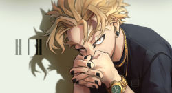 Rule 34 | 1boy, absurdres, artist name, black nails, black shirt, blonde hair, blurry, boku no hero academia, chain, chain necklace, covered mouth, depth of field, earrings, facepaint, half-closed eyes, hawks (boku no hero academia), highres, interlocked fingers, jewelry, leaning forward, looking at viewer, makeup, mascara, messy hair, nail polish, necklace, orange eyes, shadow, sherl merl, shirt, signature, simple background, stud earrings, t-shirt, thick eyebrows, upper body, watch, wristwatch